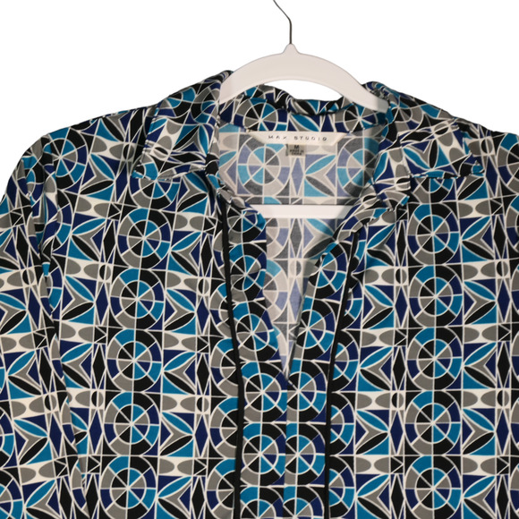 Max Studio Sheath Dress Womens Medium Blue Geometric Stretch Retro Circles Boho - Picture 3 of 12